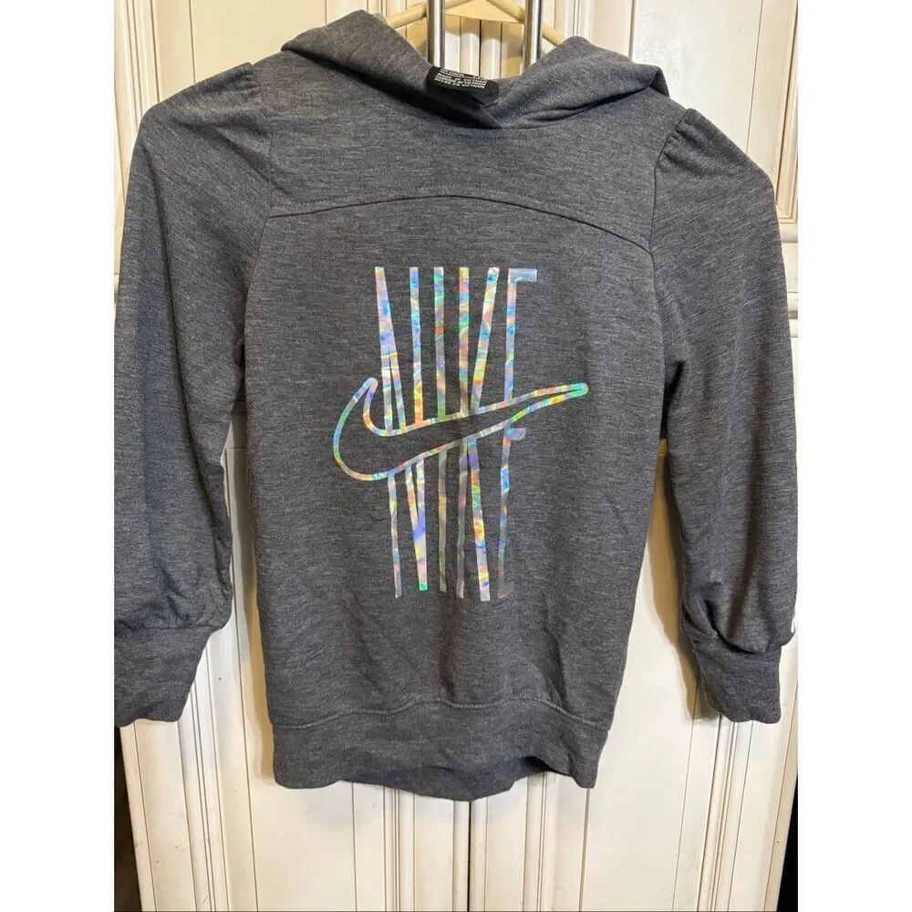 Nike Girls Holographic Swoosh Logo Print Pullover Hoodie Heather Gray Sz Medium